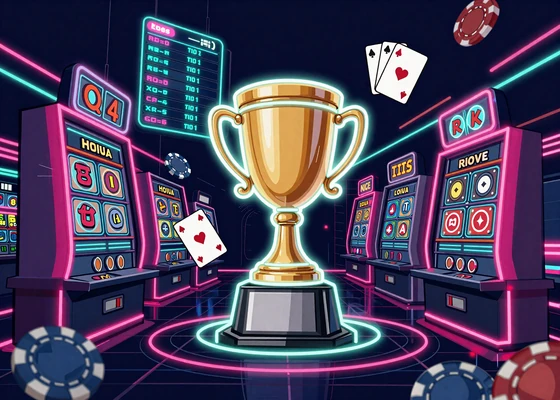 Yep Casino Turnier-Szene mit neon leuchtendem Pokal und Casino-Elementen