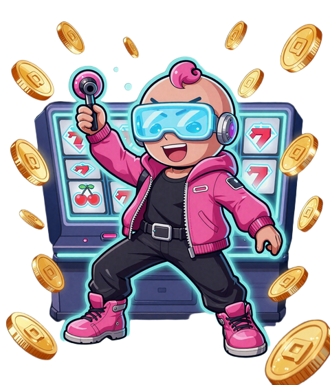 Yep Casino Maskottchen mit Slot-Symbolen und Neon-Glow-Effekten